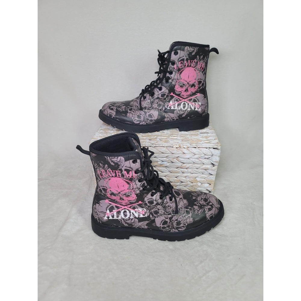 Y2K Goth Punk Festival Skull Floral Combat Boots Leave Me Alone Grunge Size 10